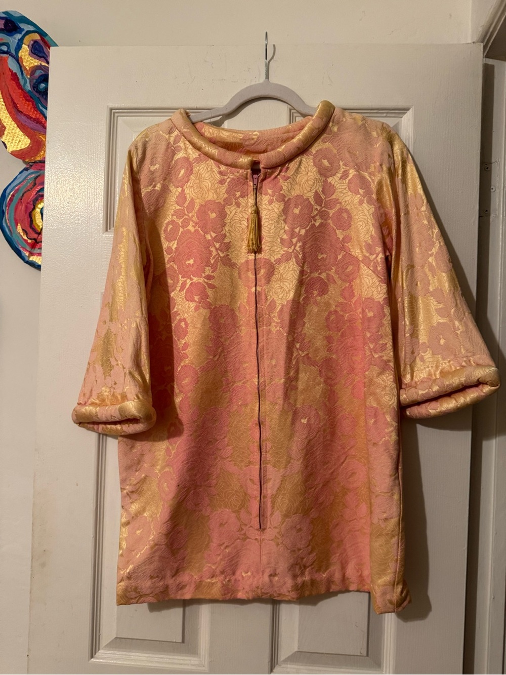 Vintage 60s Mod Metallic Floral Brocade Boxy Zip-up Shift Mini Dress